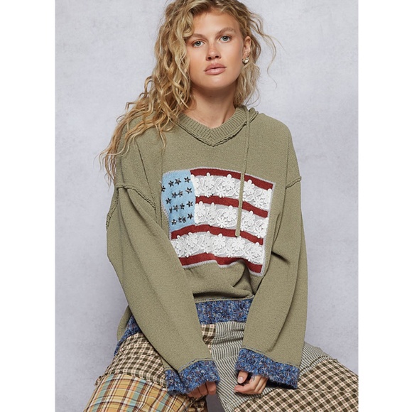 "The Viola" Old Glory Olive Green Hooded Sweater - Picture 2 of 3
